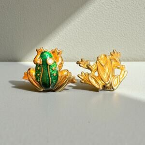 Retro Avon Frog Pins Pair Playful Gold Enamel Green Figural